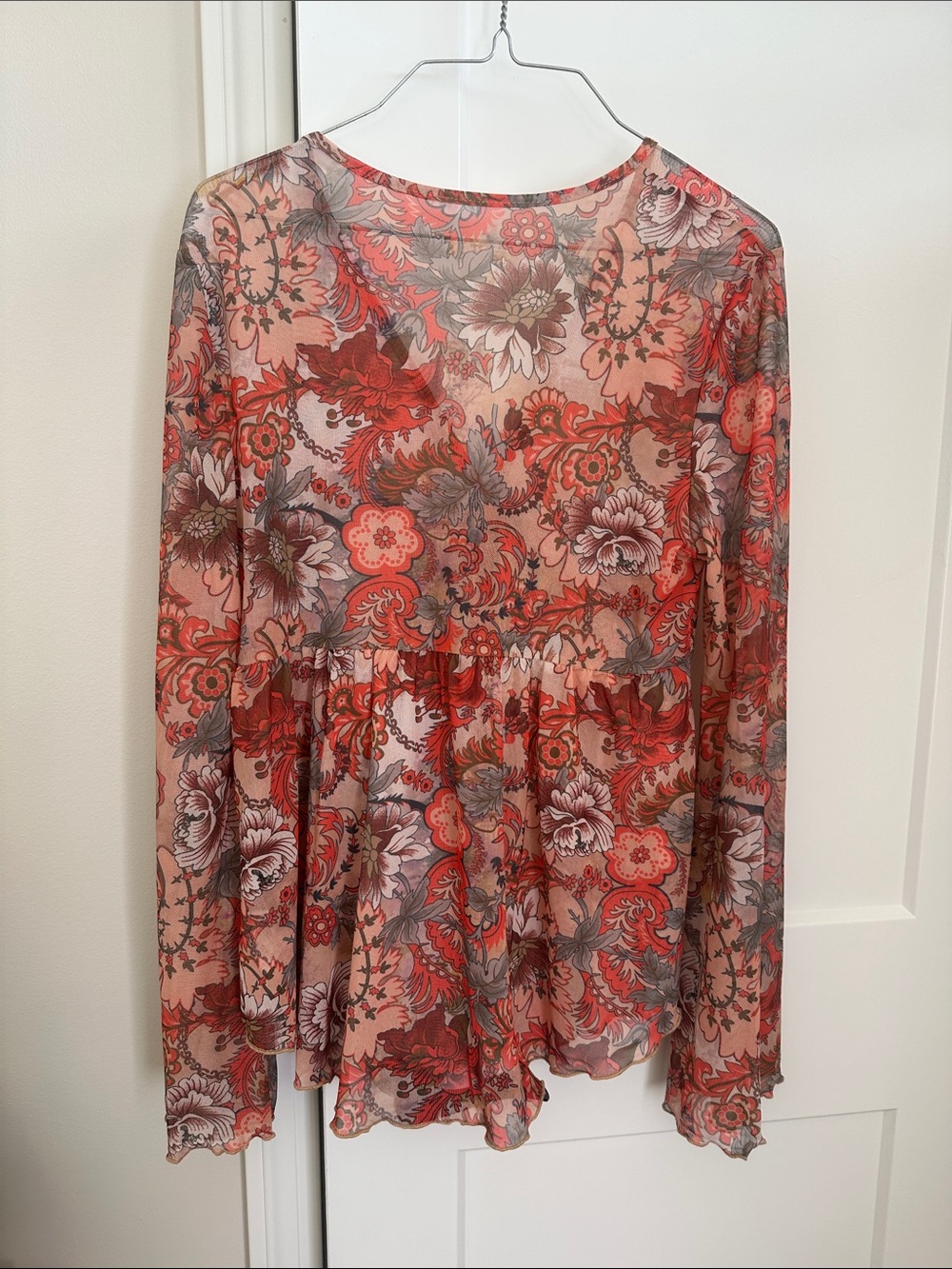 Sheer Floral Tie-Front Blouse - Red Floral - Picture 2 of 2